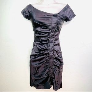 Myshkin Womens Ruched Sheath Dress Black Stretch Asymmetric Neck Short Sleeve 2